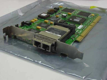 Emulex FC1020017-07B LightPulse PCI Fibre Channel HBA — front view showing dual LC/SC port bracket and green PCB in anti-static bag