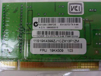 IBM 19K4309 EN1207D-TX network card — rear label showing FRU number, part number, and barcode stickers