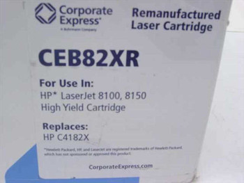 Corporate Express CEB82XR box label showing model number, HP LaserJet 8100 8150 compatibility, and HP C4182X replacement info