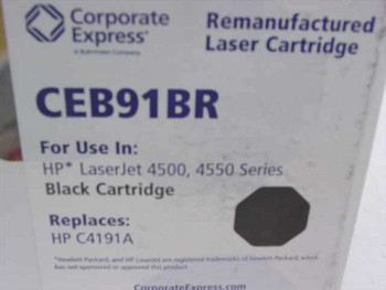 Corporate Express CEB91BR box label showing Remanufactured Laser Cartridge for HP LaserJet 4500 4550 Series Black Cartridge replaces HP C4191A