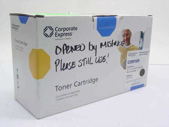 Corporate Express CEB91BR remanufactured toner cartridge in original box with handwritten note reading Opened by Mistake Please Still Use