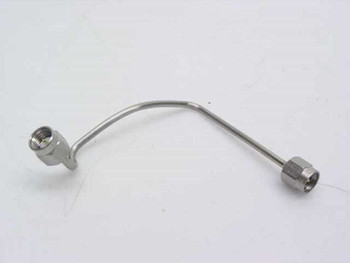 Preformed rigid coaxial cable 202543-002 with SMA-male connectors on both ends, full side view showing curved shape and mounting tab