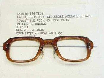 US Military GI Eyeglass Frame 6540-01-146-7809 brown cellulose acetate 46-22 front view with NSN label