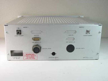 Teletrac VC4027-000-0017 – rear panel showing dual-axis layout with Laser Power, AUX I/O, DSP Servo I/O, Motor/Limits connectors and 115/230VAC rating label