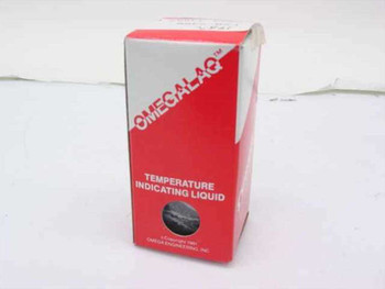 Omega Engineering OmegaLaq Temperature Indicating Liquid box side panel with OmegaLaq branding and Omega Engineering Inc copyright