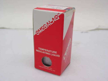 Omega LAQ-0413 OmegaLaq Temperature Indicating Liquid box side panel with OmegaLaq branding and copyright Omega Engineering Inc. text
