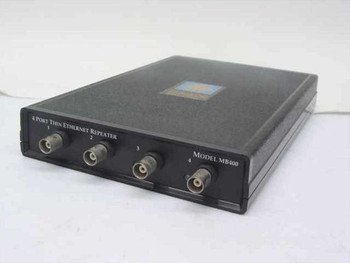 Tutankhamon MB400 4-Port Thin Ethernet Coax Repeater – angled front/top view showing 4 BNC ports labeled 1–4 and model label