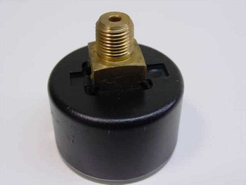 Rear view of 1.5 inch pressure gauge showing 1/8 NPT brass bottom-mount fitting and black plastic case