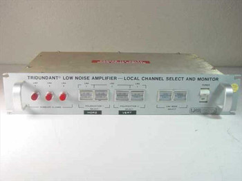 LNR Communications Tridundant Low Noise Amplifier Local Channel Select and Monitor – front panel view showing LNA indicators, polarization select buttons, and power switch