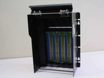 Square D SY/Max Class 8030 RRK-100 PLC Rack Assembly — front open view showing 5-slot backplane with blue edge connectors