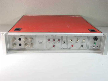 STS Inc Equalizer 2 front panel view showing INPUTS, FAULTS, TEST POINTS sections and red top cover in 19-inch rack chassis