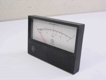 Varian analog panel meter front view showing 0-2 milliwatts and dBm dual scale with red needle pointer in black housing
