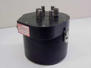 Varian VJW1454C Channel Select Sub-System – front-right three-quarter view showing black cylindrical housing with top-mounted coaxial connectors and red identification label