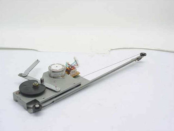 Unbranded steel linear carriage mechanism with unipolar stepper motor and driver board — full assembly side view showing rail, pulley, and cable