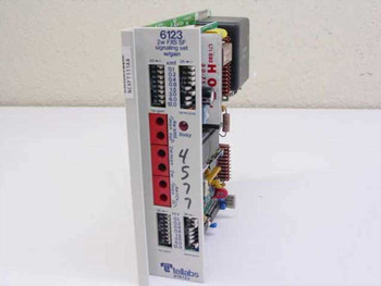 Tellabs 816123 2w FXS SF Signaling Module 6123 — front panel with DIP switches, red monitor jacks, fac gain and term loss labels, Tellabs logo
