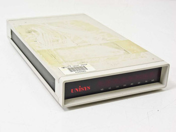 Unisys MDM 2400 USA MDM24US external modem – front panel showing LED indicators and Unisys logo, yellowed top casing visible