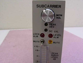 Scientific Atlanta 262180 Subcarrier Modulator — close-up of front panel showing SUBCARRIER label, MON VOL knob, Peak Dev, SC LVL, Lock Alm, Level Alm, and Mute LED indicators