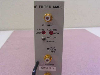 Scientific Atlanta 362272 IF Filter Amplifier front panel — IF INPUT SMA port, LEVEL LOW/HIGH and ALARMS LEDs, ALC ON/MANUAL switch, MAN GAIN ADJ pot, IF OUTPUT SMA port, and 30MHZ B.W. label