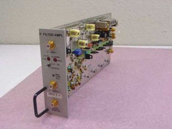Scientific Atlanta 362272 30MHz IF Filter Amplifier plug-in module — three-quarter front/side view showing front panel and internal PCB with yellow toroids and SMA connectors