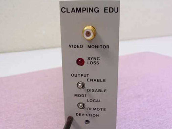 Scientific Atlanta 259759 Clamping EDU Video Monitor Board – front panel close-up showing BNC Video Monitor connector, Sync Loss LED, Output Enable/Disable toggle, and Mode Local/Remote toggle