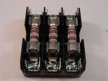 Bussmann BM6033PQ fuse holder — top view showing three Limitron KTK-5 fast-acting fuses seated in the block