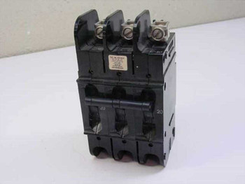 Heinemann CF3-G3-U 3-pole 20A 240VAC circuit breaker — front angled view showing toggle handles and terminal lugs