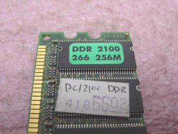 Unbranded DDR PC2100 256MB DIMM — close-up of label showing DDR 2100, 266MHz, 256MB spec sticker and KO-6393 board marking