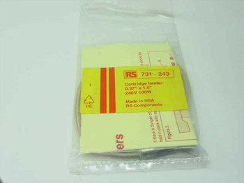 RS Components 731-243 cartridge heater new in original plastic bag with yellow product label showing 240V 100W specs