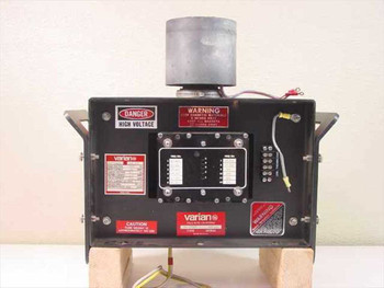 Varian VKU-7791Z8 Ku-Band klystron RF tube – front panel view showing Varian branding, high-voltage warning labels, and connector block