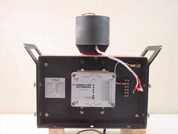 Thomson TH2485B Ku-Band klystron tube – top/front view showing Thomson Tubes Electroniques control panel with UNLOCK/LOCK and TUNE controls, LED channel indicators, and terminal block wiring