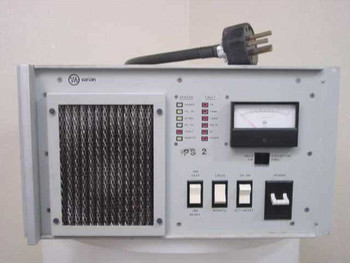 Varian 01000167-02 TWTA power supply front panel showing Varian logo, ventilation grill, status and fault LED indicators, analog DC milliammeter, and four toggle/rocker switches labeled PS2
