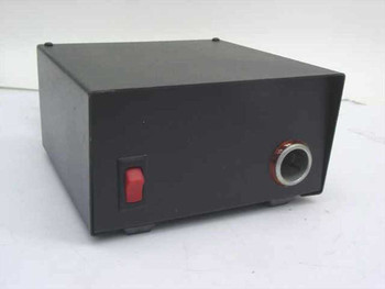 Unbranded 13.6V DC regulated power supply – front and top view showing red rocker power switch and DC output barrel connector on right side
