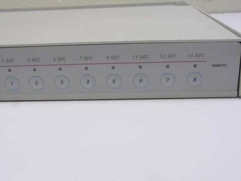 Raritan MasterConsole II KVM-0D0 — front panel close-up showing 8 server select buttons with scan interval labels (1–16 sec) and REMOTE indicator