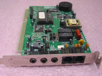 Cirrus Logic CL-MD3450D-SC-B 16-bit ISA modem card — front-left angle showing RJ-11 ports and onboard speaker