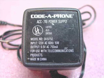 Code-A-Phone ACC-719 DV-9750 power supply label showing 9.5V AC 750mA output, 120V AC 60Hz 15W input, and UL listing