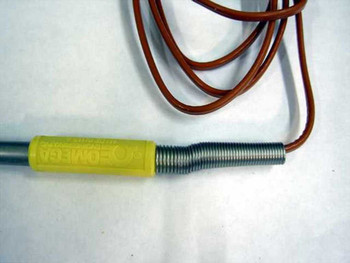 Omega KTSS-14U-18 thermocouple close-up of yellow Omega-branded threaded fitting and stainless steel probe sheath