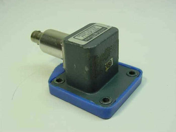 HP Hewlett Packard H424A Crystal Detector – angled three-quarter view showing body, BNC output port, and blue WR-112 flange base