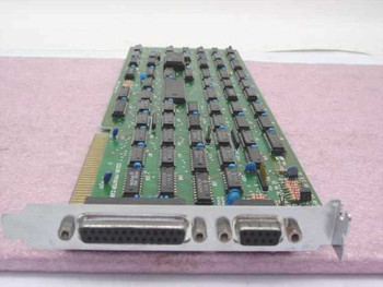 DTK PII-124 ISA color printer card – angled front view showing two DB25 and one DB9 bracket connectors and full-length PCB populated with ICs