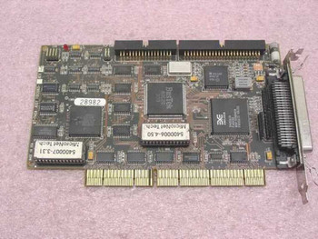BusLogic BT-742A EISA SCSI card — reverse component side showing MicroNetTech label stickers (5400006-4.50 and 5400007-3.31), EISA edge connector, and floppy header
