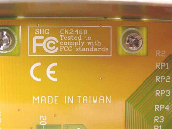 SIIG CN2468 controller card label close-up showing model number CN2468, FCC compliance mark, CE mark, and Made in Taiwan text