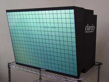 Clarity Visual Systems VN-3820-VA Leopard rear projection LCD display front view showing illuminated grid screen with 'Surface Absent' message and Clarity logo on black cabinet