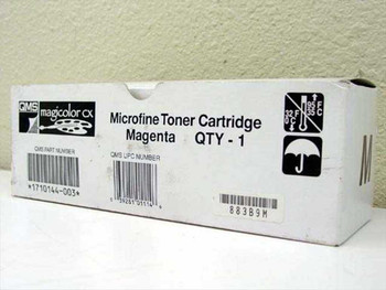 QMS 1710144-003 Magicolor CX Microfine Toner Cartridge Magenta — box side view showing QMS Magicolor CX branding, part number barcode, and lot code 883B9M