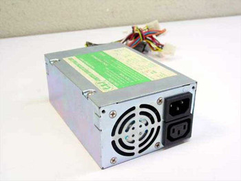 CSI Computer Sources International 150W AT small form factor power supply – front-right angled view showing IEC AC inlet, cooling fan, and green specification label