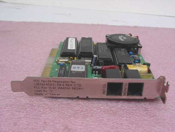 Aceex 9624H ISA data fax modem card — front view showing PCB components, RJ-11 line and phone ports, and FCC label