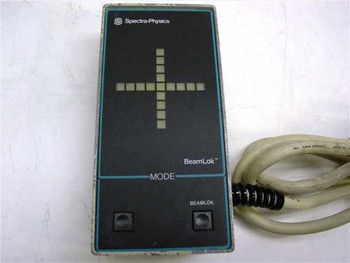 Spectra-Physics 2424 BeamLok laser controller — close-up of front panel showing LED dot-matrix crosshair display, MODE label, and two pushbuttons labeled BEAMLOK, with coiled cable exiting right side