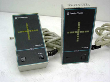 Spectra-Physics 2424 BeamLok laser controller — two units shown side by side, front panels displaying LED crosshair beam position indicators with MODE and BEAMLOK buttons, cables attached