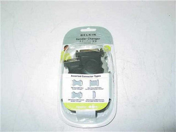 Belkin Gender Changer Adapter Kit in original retail clamshell packaging, front view showing product and connector diagrams