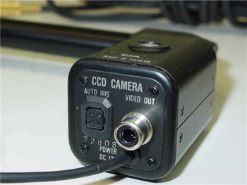 EIA CCD camera body rear panel showing Auto Iris port, Video Out RCA connector, DC power input, and part number 72806 — Made in Taiwan label visible