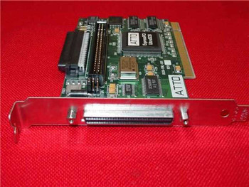 ATTO ExpressPCI Ultra SCSI card 0036-FINL-001 — angled side view showing PCI edge connector and rear bracket with external 68-pin HD SCSI port