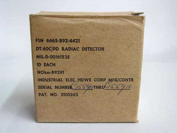 IECH DT-60C/PD Radiac Detector badge original box label showing FSN 6665-892-4421, MIL-D-0016153E, NOBsr-89291, quantity 10, and serial number range